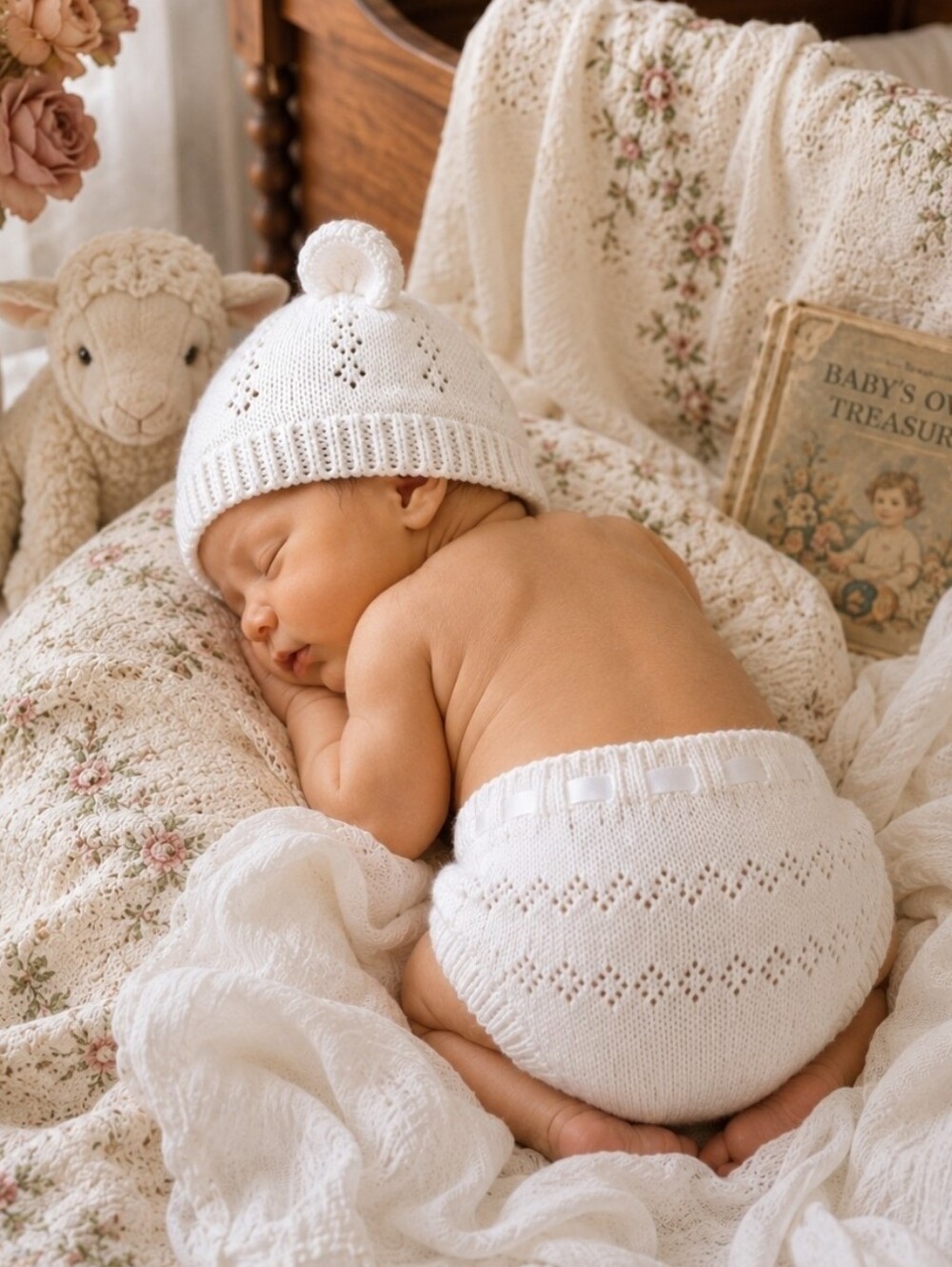 Laura Ashley Baby White Knit Heirloom Hat & Diaper Cover Set NWT 0-6M